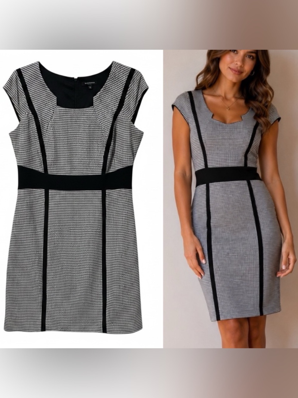 TAHARI BLACK & WHITE SHEATH DRESS, HOUNDSTOOTH SIZE 10 COLORBLOCK, LINED. CAREER